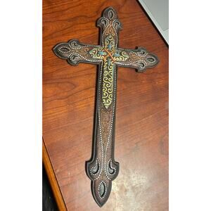 Rainbow Inc. Brown silver gold turquoise colored Cross 19”x10” Religion Western